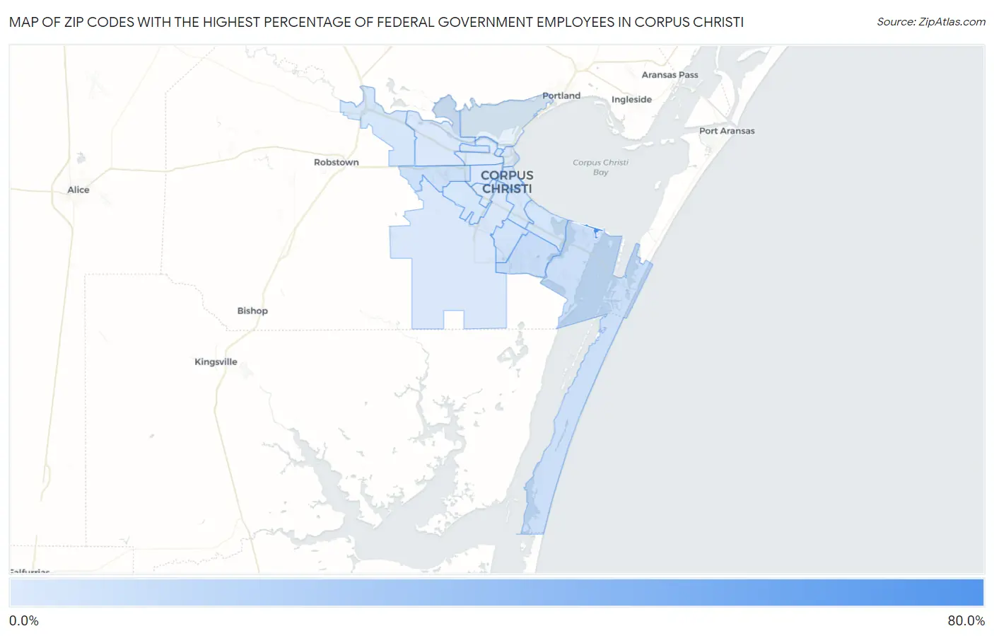 Zip Codes with the Highest Percentage of Federal Government Employees in Corpus Christi Map