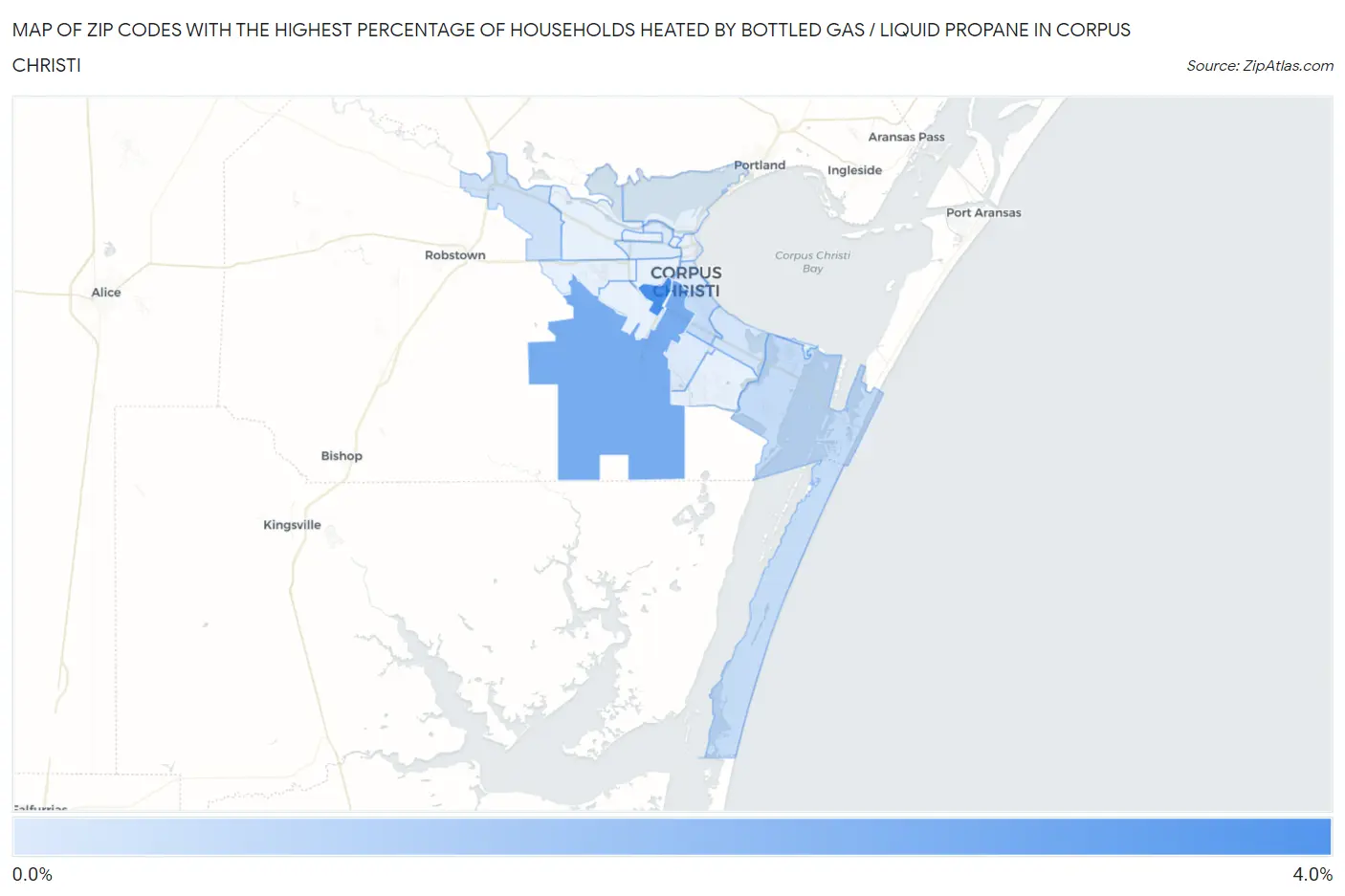 Zip Codes with the Highest Percentage of Households Heated by Bottled Gas / Liquid Propane in Corpus Christi Map