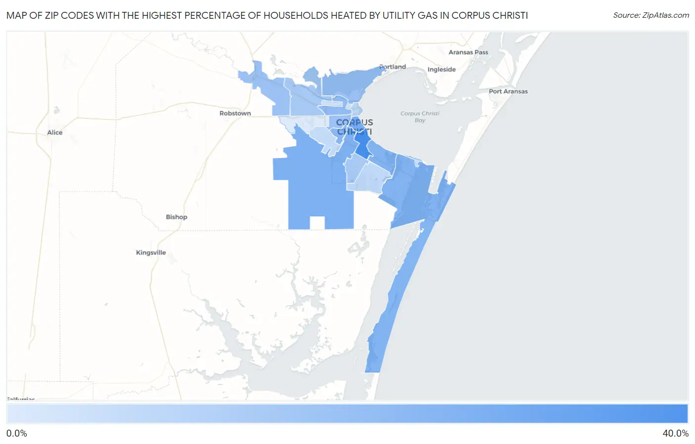 Zip Codes with the Highest Percentage of Households Heated by Utility Gas in Corpus Christi Map