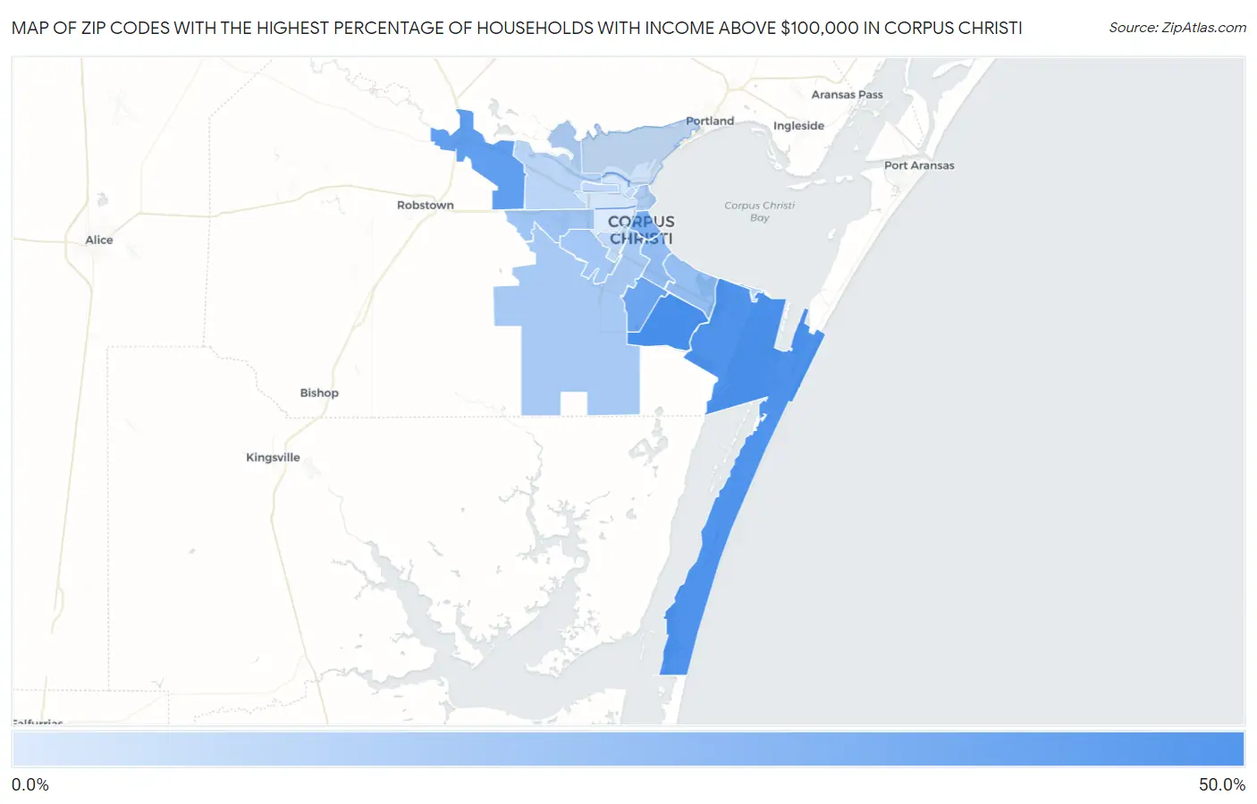 Zip Codes with the Highest Percentage of Households with Income Above $100,000 in Corpus Christi Map
