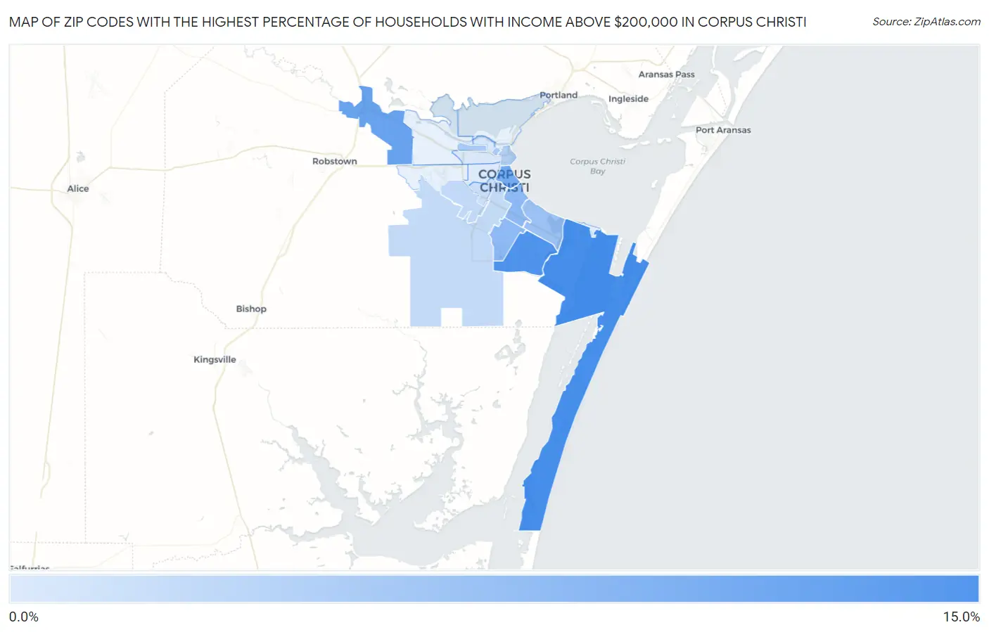 Zip Codes with the Highest Percentage of Households with Income Above $200,000 in Corpus Christi Map
