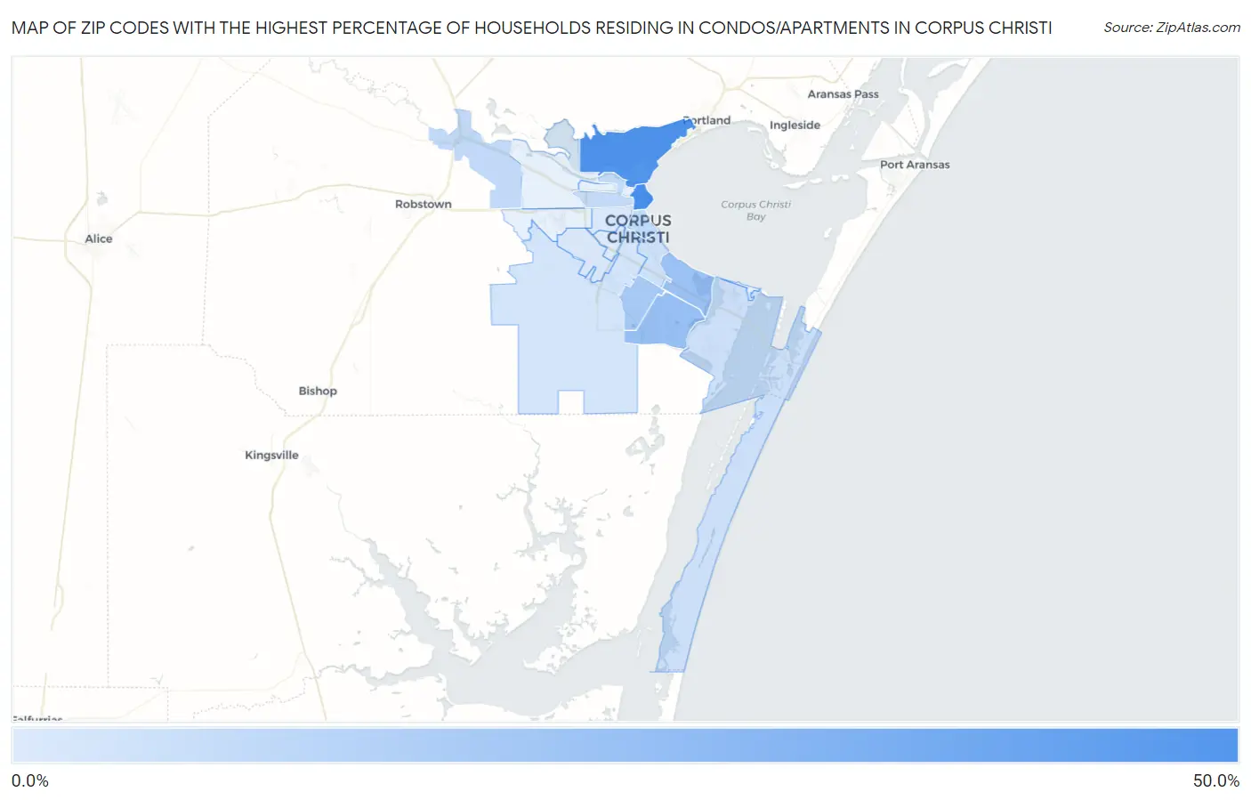 Zip Codes with the Highest Percentage of Households Residing in Condos/Apartments in Corpus Christi Map