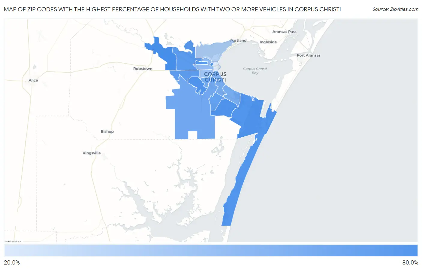 Zip Codes with the Highest Percentage of Households With Two or more Vehicles in Corpus Christi Map