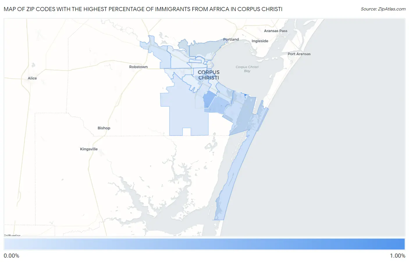Zip Codes with the Highest Percentage of Immigrants from Africa in Corpus Christi Map