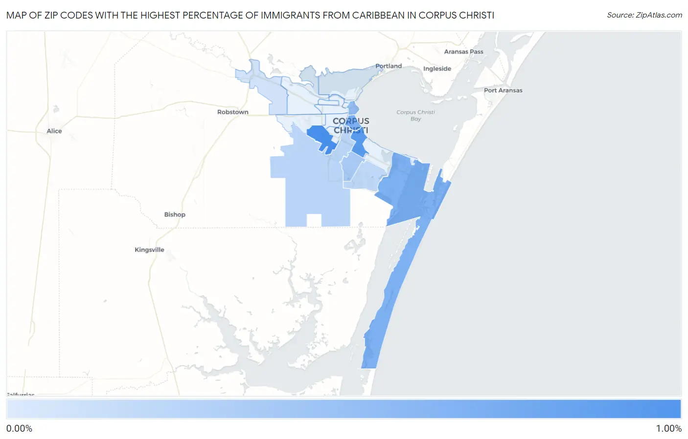 Zip Codes with the Highest Percentage of Immigrants from Caribbean in Corpus Christi Map