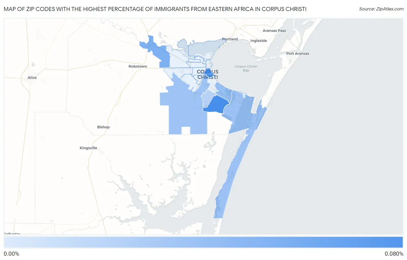 Zip Codes with the Highest Percentage of Immigrants from Eastern Africa in Corpus Christi Map