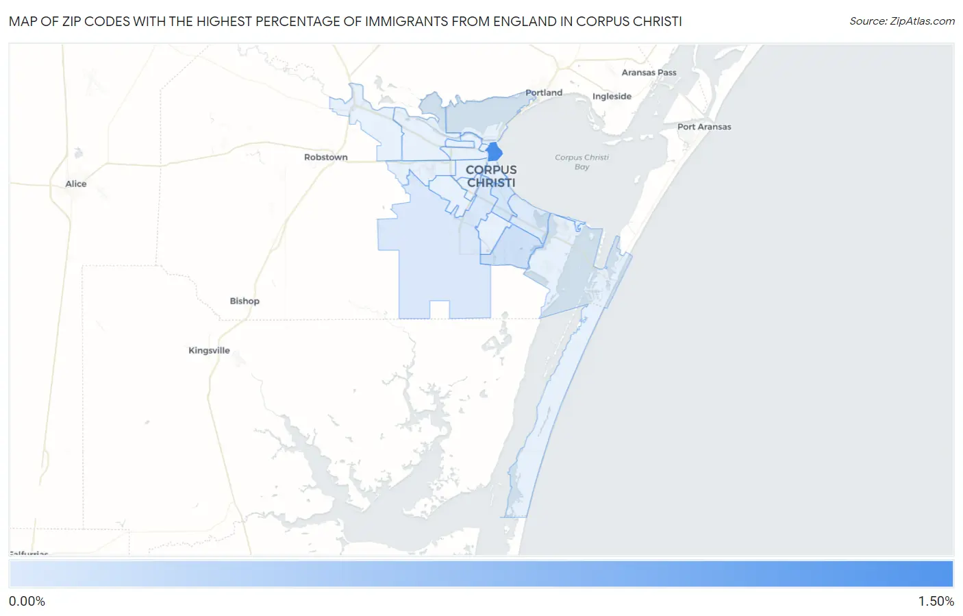Zip Codes with the Highest Percentage of Immigrants from England in Corpus Christi Map