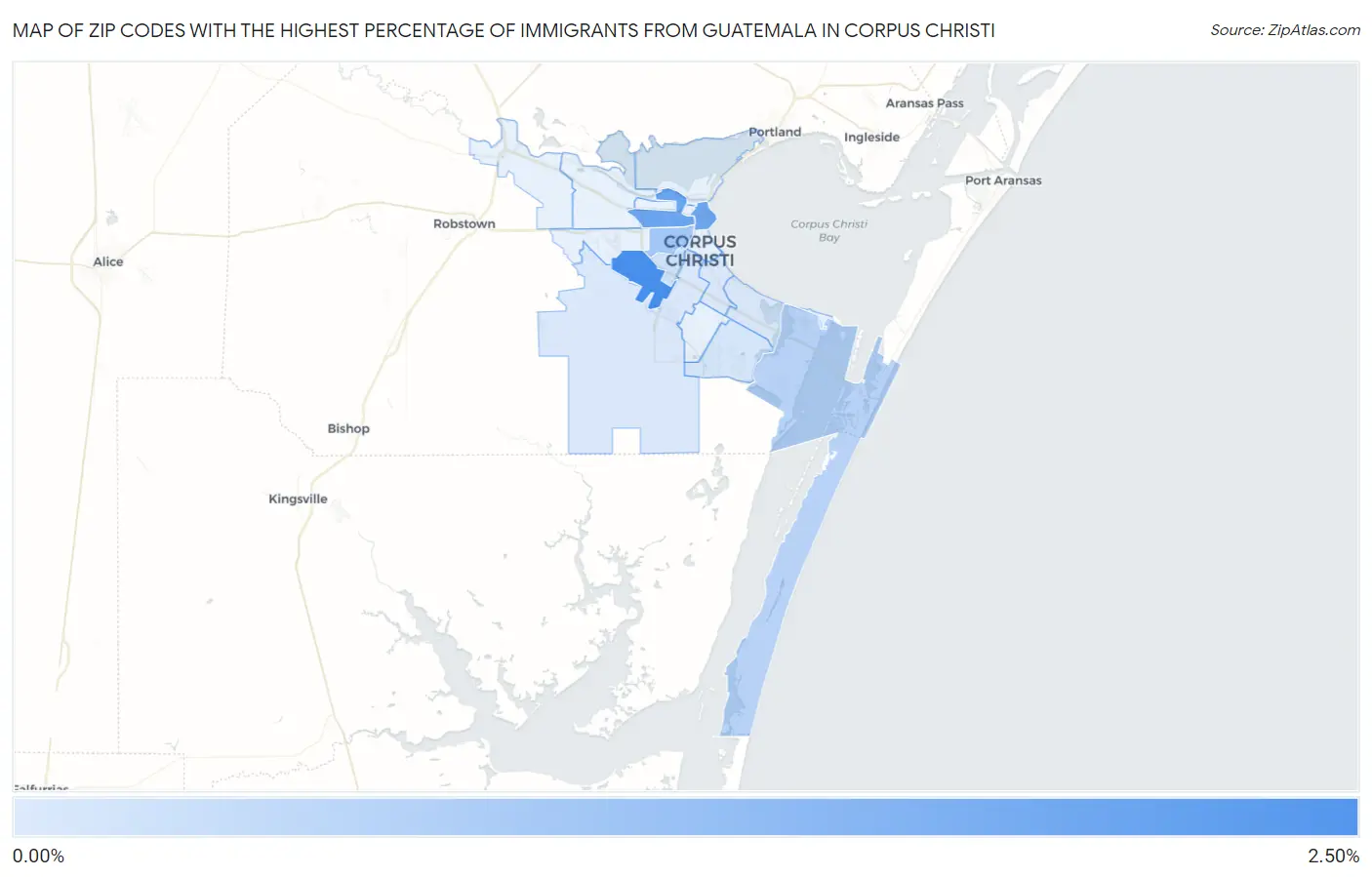 Zip Codes with the Highest Percentage of Immigrants from Guatemala in Corpus Christi Map