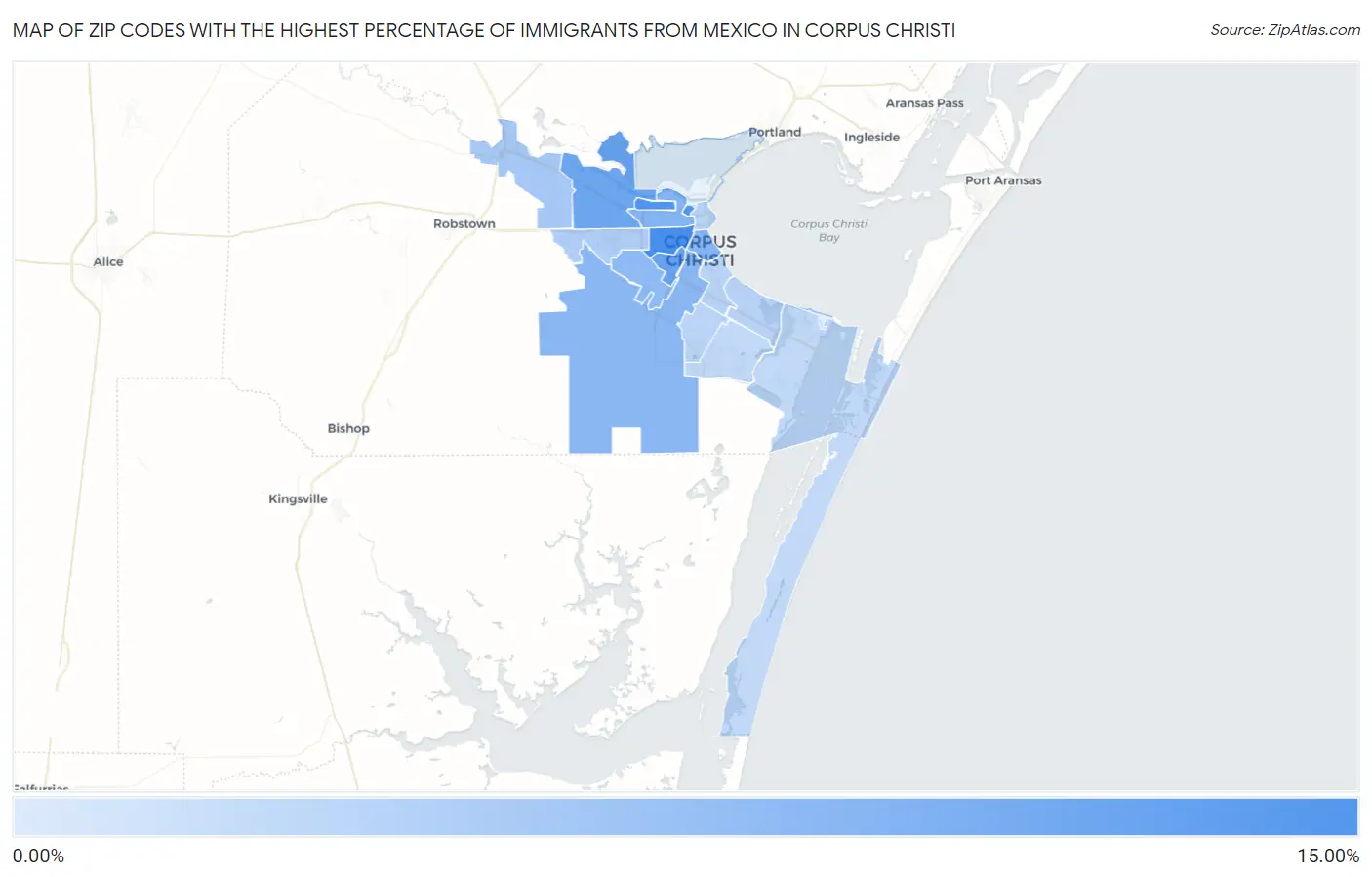 Zip Codes with the Highest Percentage of Immigrants from Mexico in Corpus Christi Map