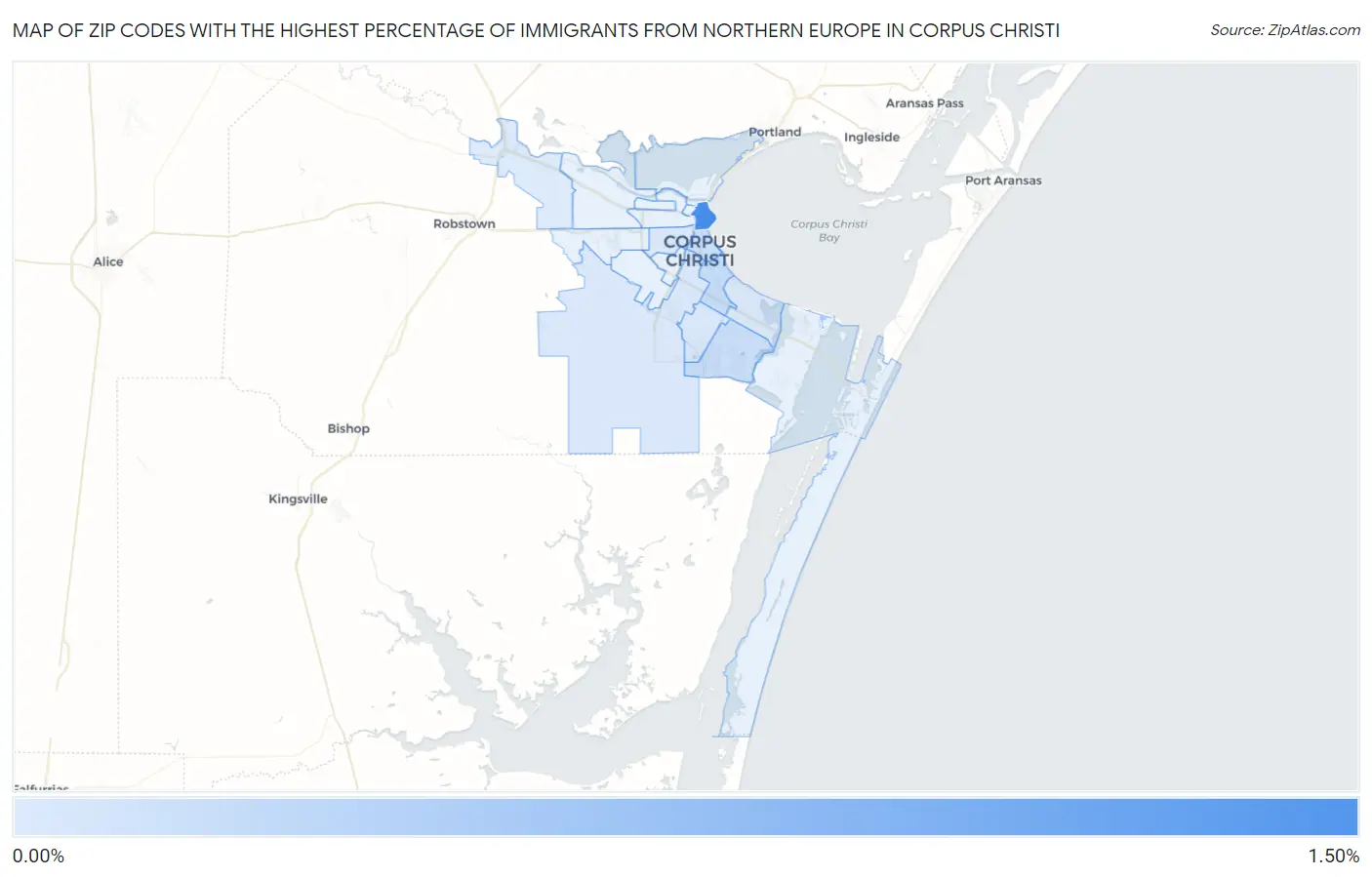 Zip Codes with the Highest Percentage of Immigrants from Northern Europe in Corpus Christi Map
