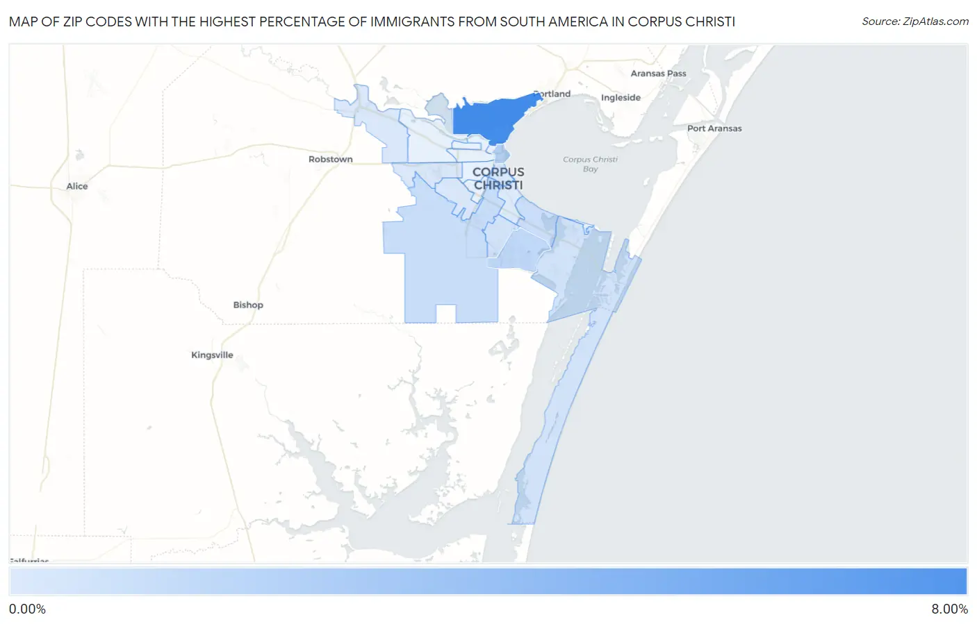 Zip Codes with the Highest Percentage of Immigrants from South America in Corpus Christi Map