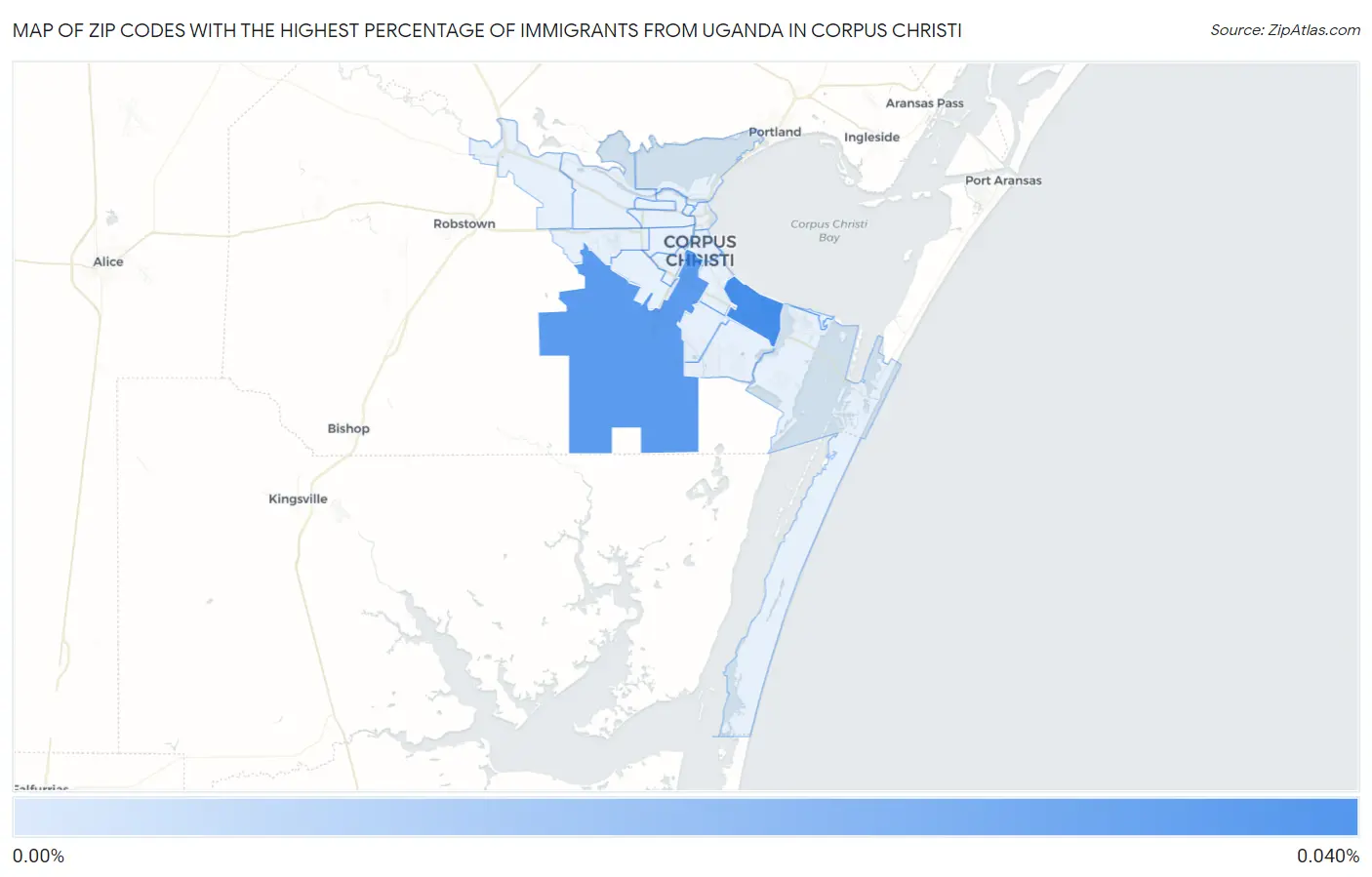 Zip Codes with the Highest Percentage of Immigrants from Uganda in Corpus Christi Map
