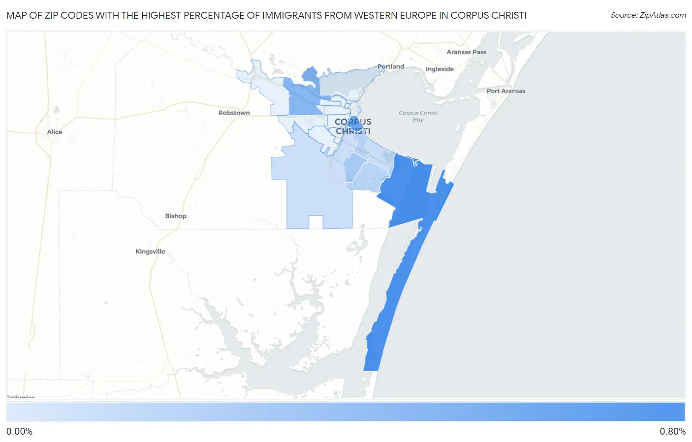 Zip Codes with the Highest Percentage of Immigrants from Western Europe in Corpus Christi Map