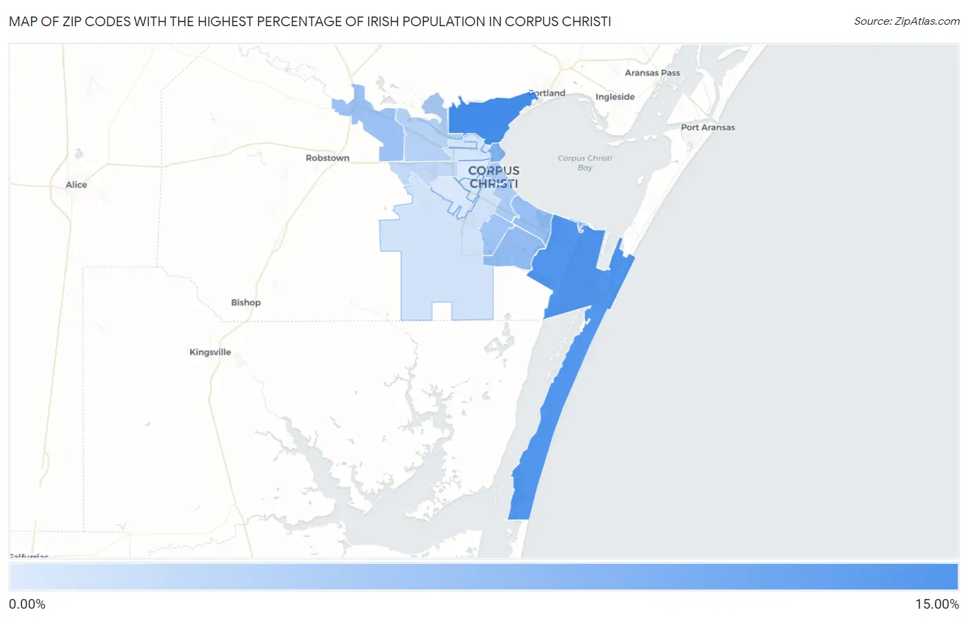 Zip Codes with the Highest Percentage of Irish Population in Corpus Christi Map