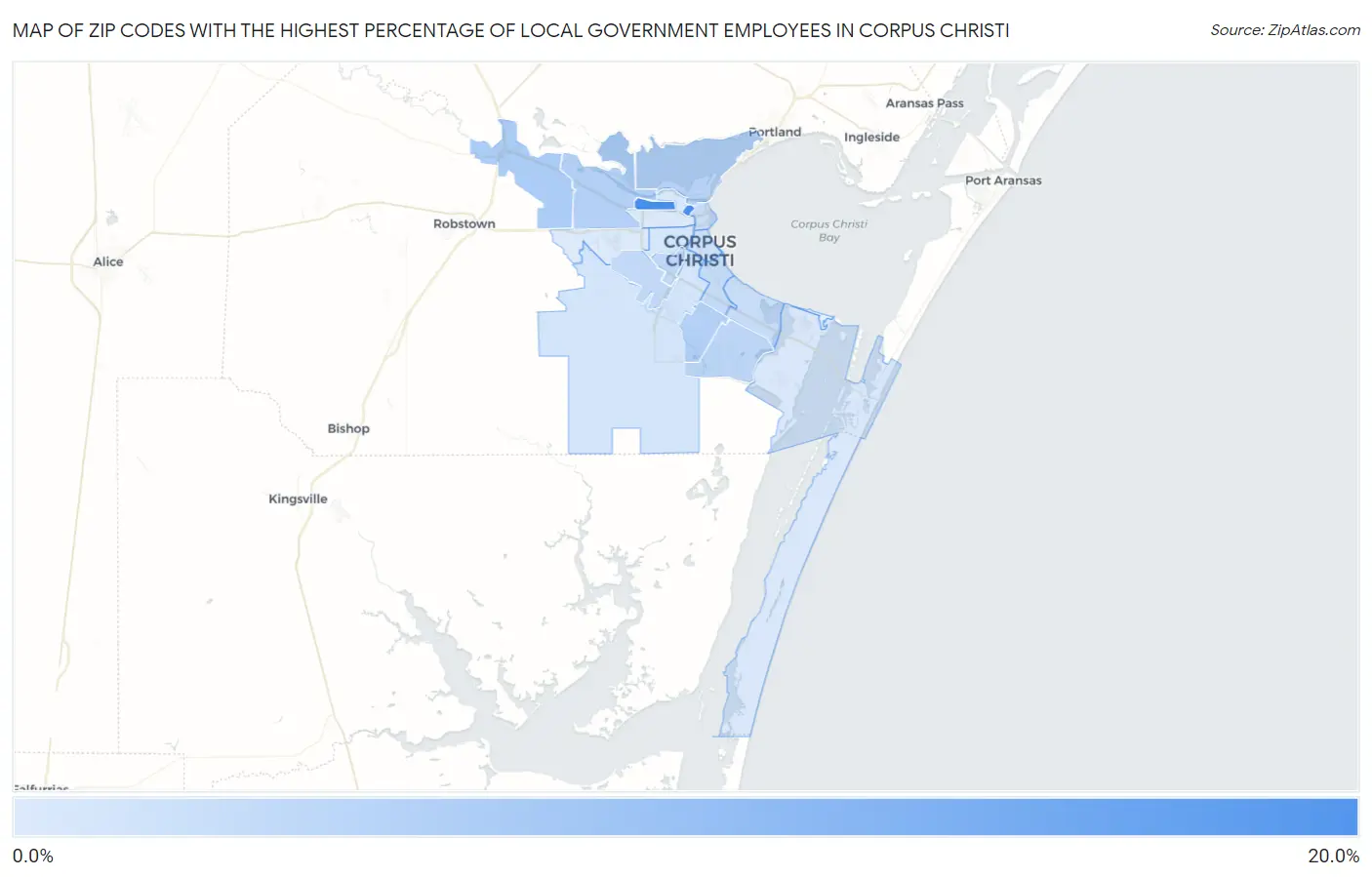 Zip Codes with the Highest Percentage of Local Government Employees in Corpus Christi Map