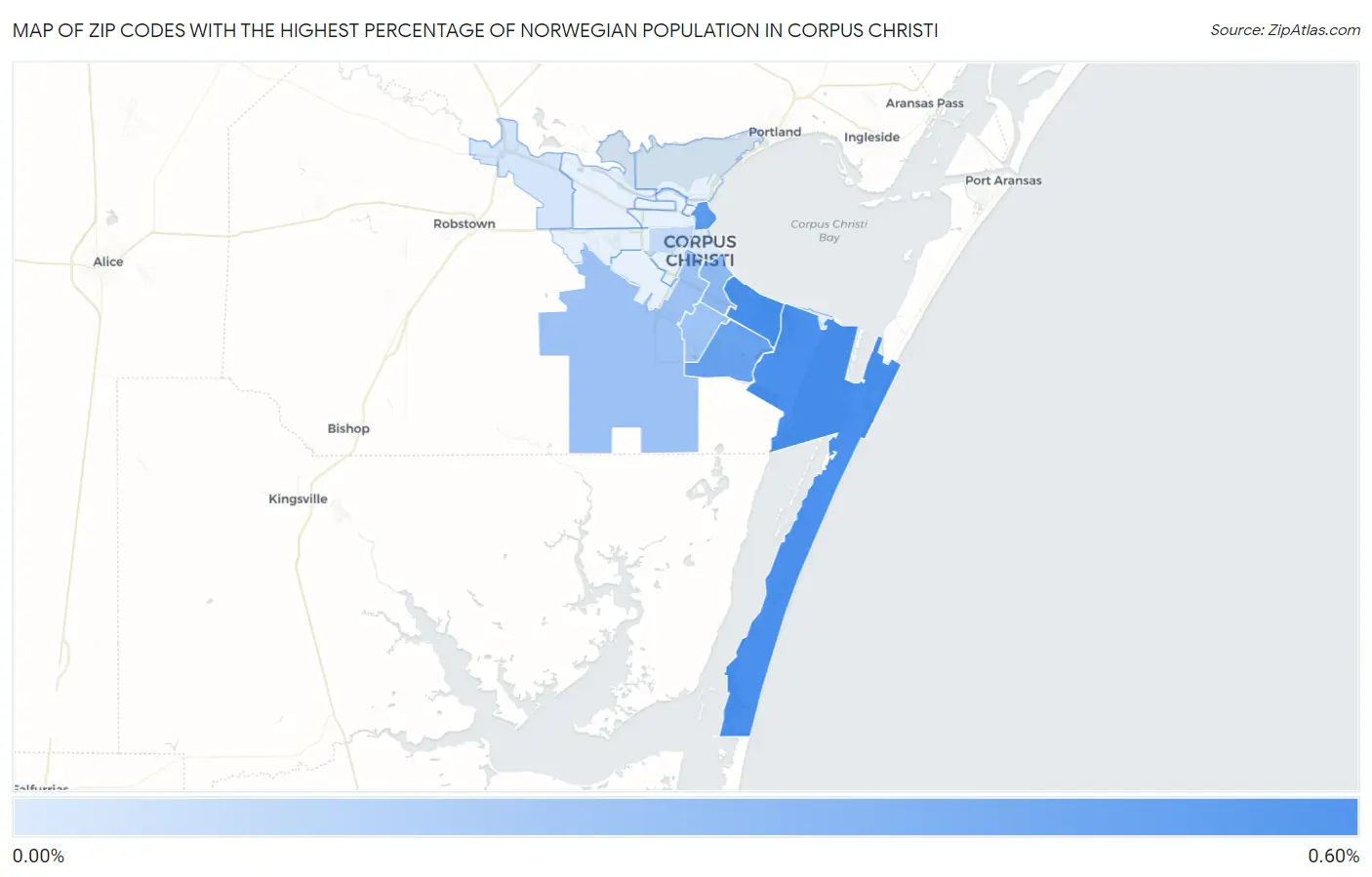 Zip Codes with the Highest Percentage of Norwegian Population in Corpus Christi Map