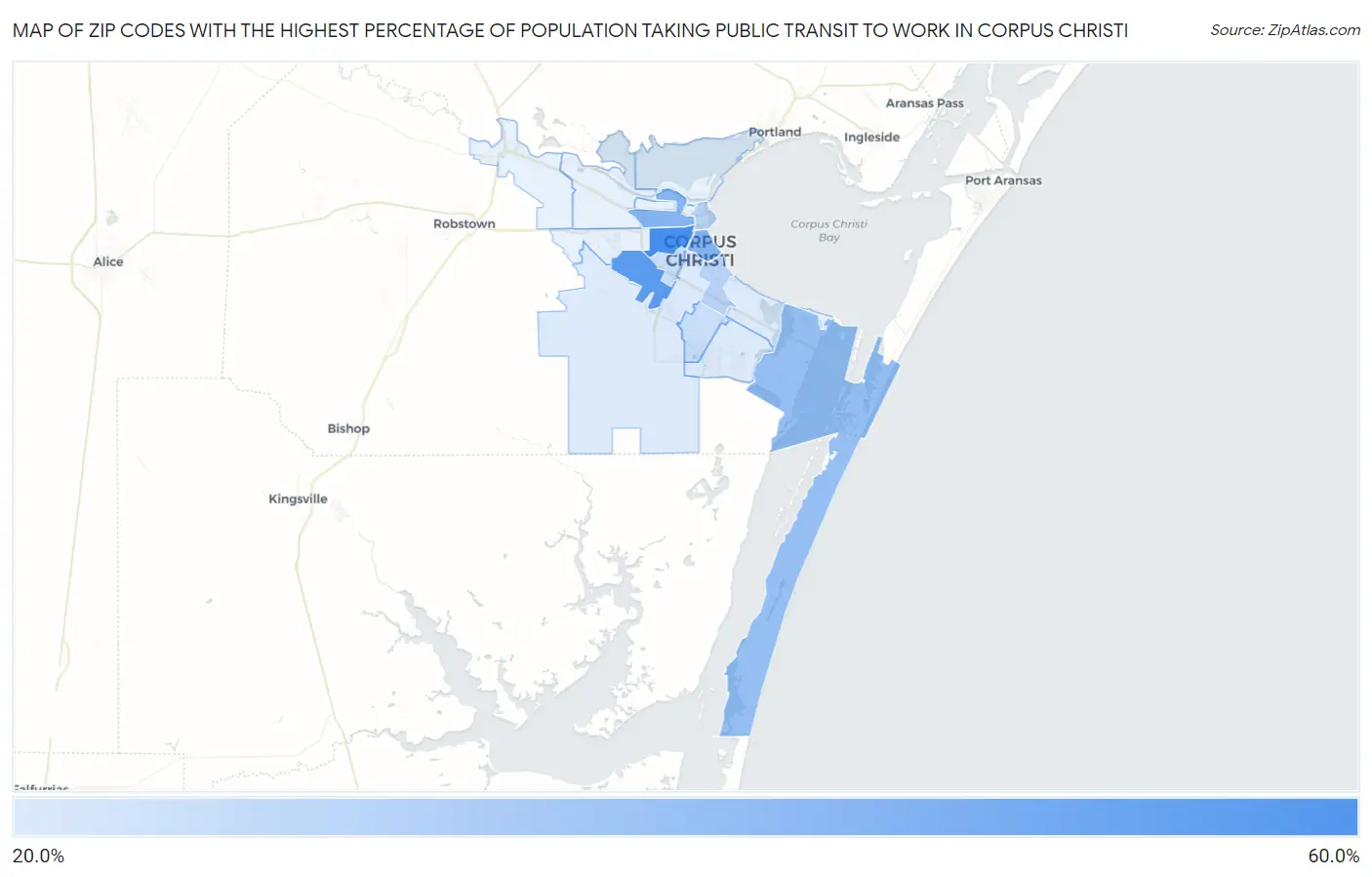 Zip Codes with the Highest Percentage of Population Taking Public Transit to Work in Corpus Christi Map