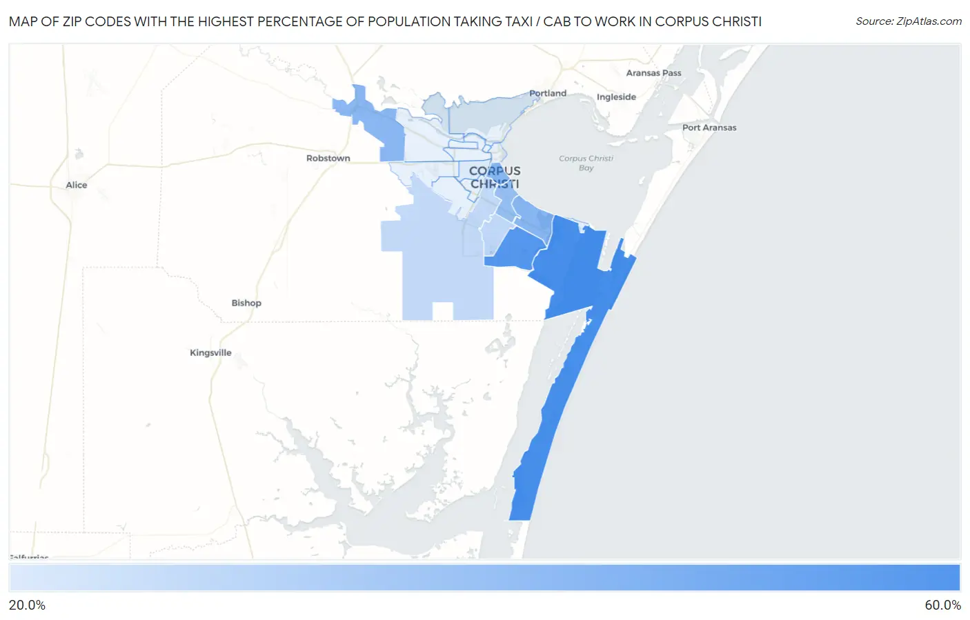 Zip Codes with the Highest Percentage of Population Taking Taxi / Cab to Work in Corpus Christi Map