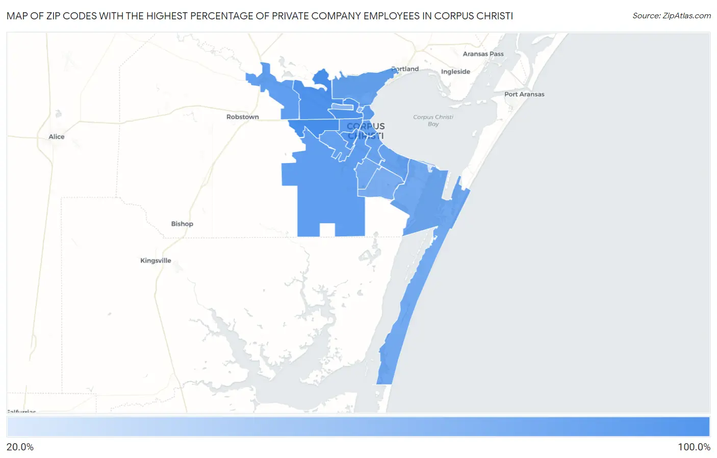 Zip Codes with the Highest Percentage of Private Company Employees in Corpus Christi Map