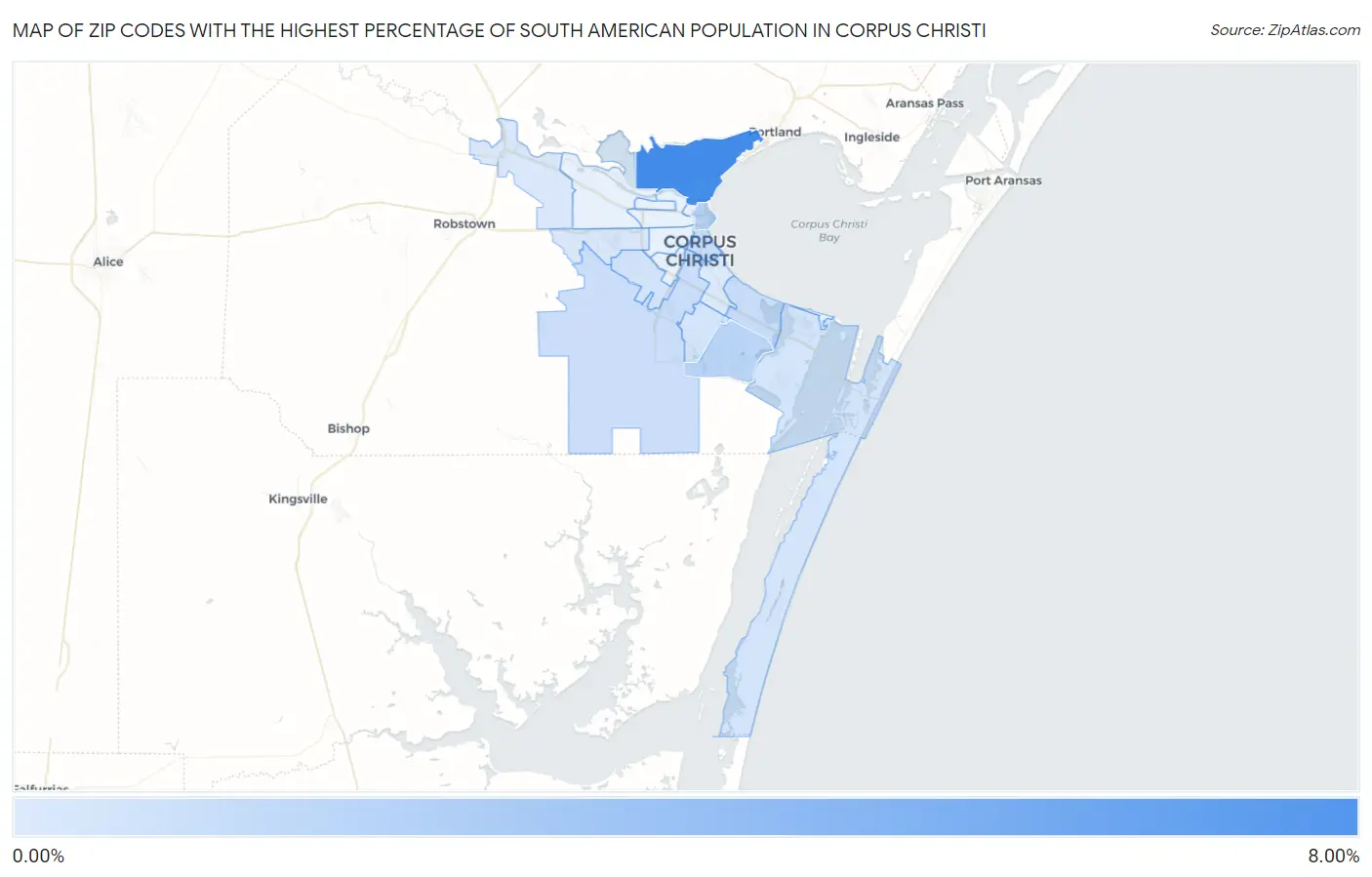 Zip Codes with the Highest Percentage of South American Population in Corpus Christi Map