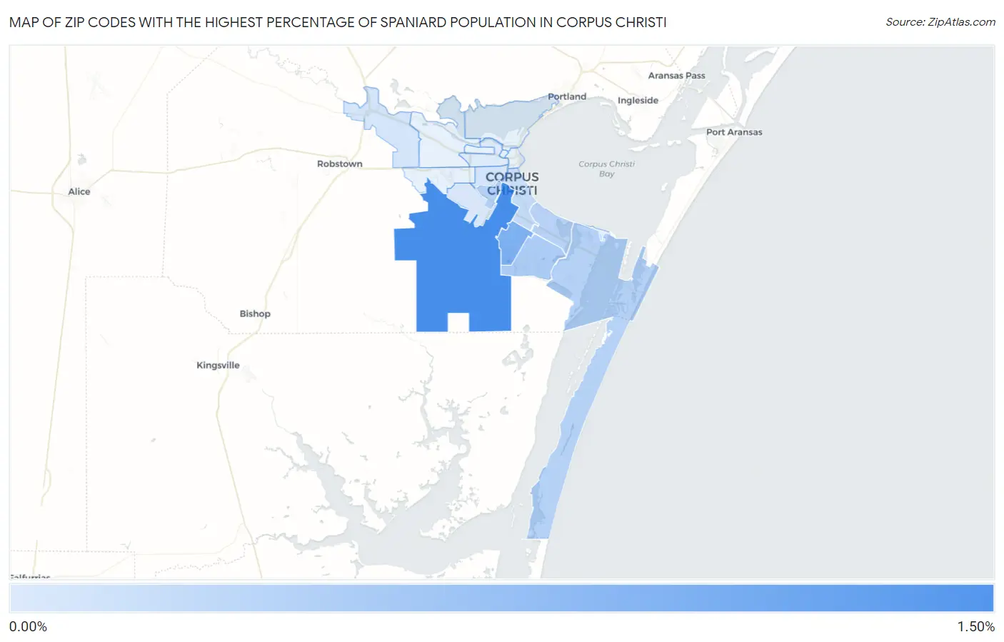Zip Codes with the Highest Percentage of Spaniard Population in Corpus Christi Map
