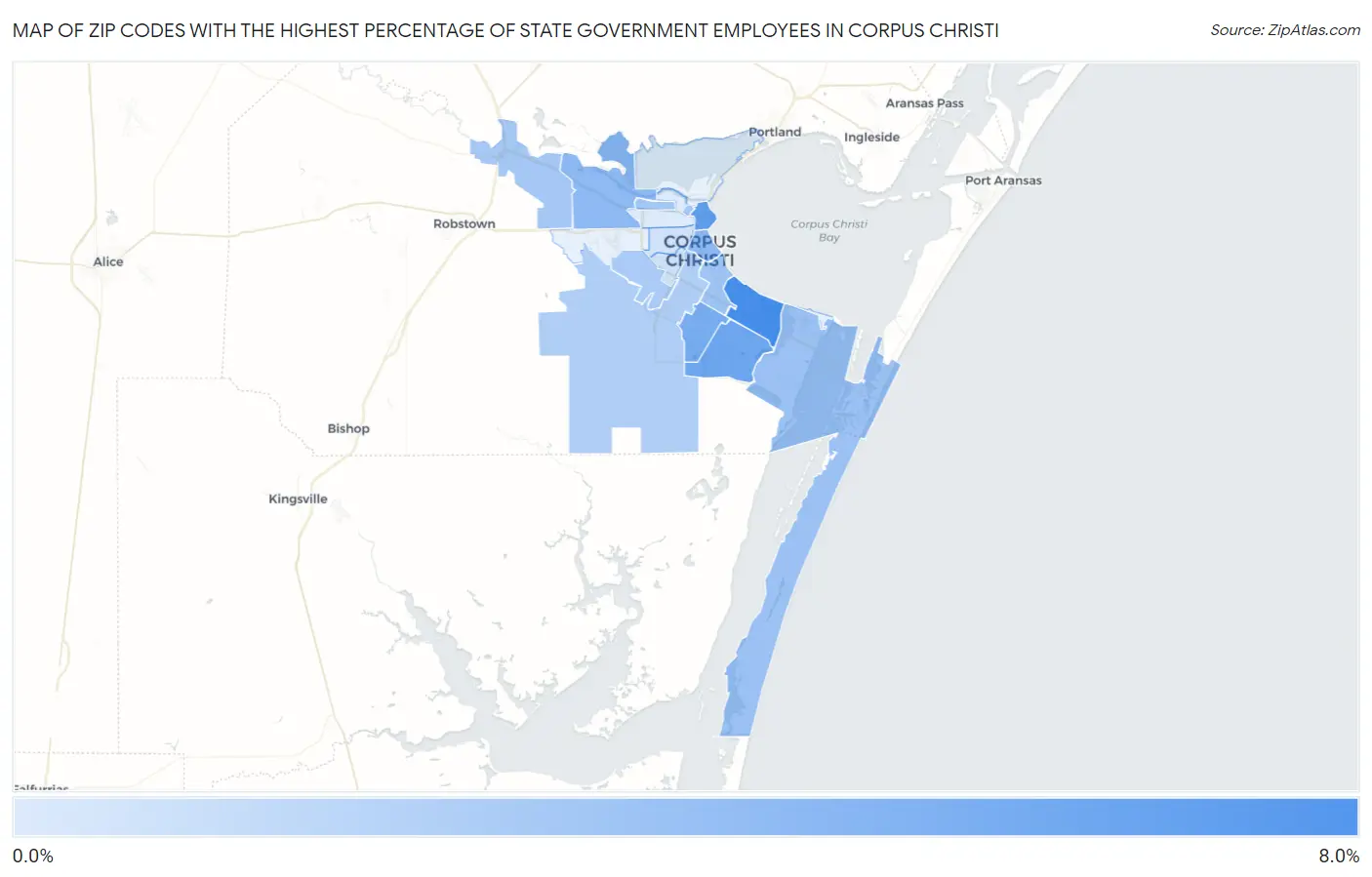 Zip Codes with the Highest Percentage of State Government Employees in Corpus Christi Map