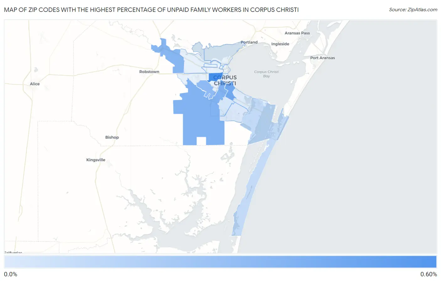 Zip Codes with the Highest Percentage of Unpaid Family Workers in Corpus Christi Map