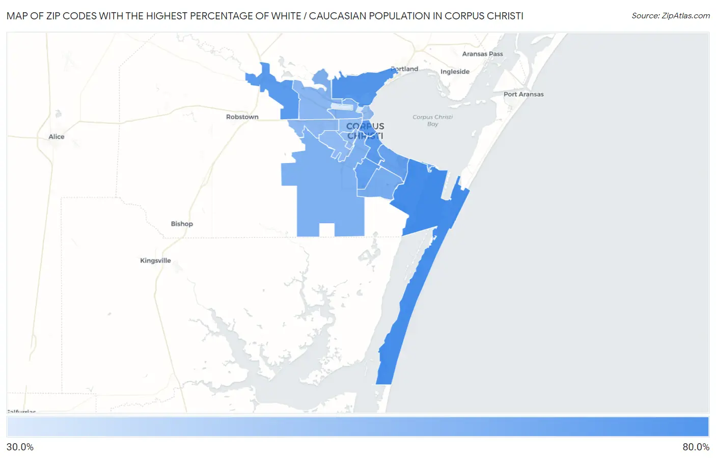 Zip Codes with the Highest Percentage of White / Caucasian Population in Corpus Christi Map