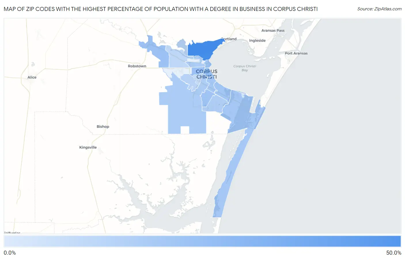 Zip Codes with the Highest Percentage of Population with a Degree in Business in Corpus Christi Map