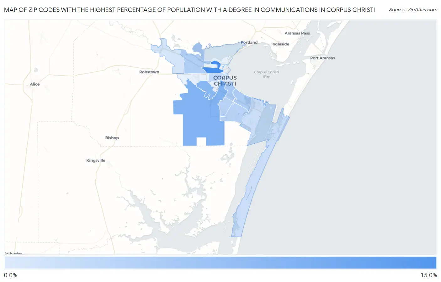 Zip Codes with the Highest Percentage of Population with a Degree in Communications in Corpus Christi Map