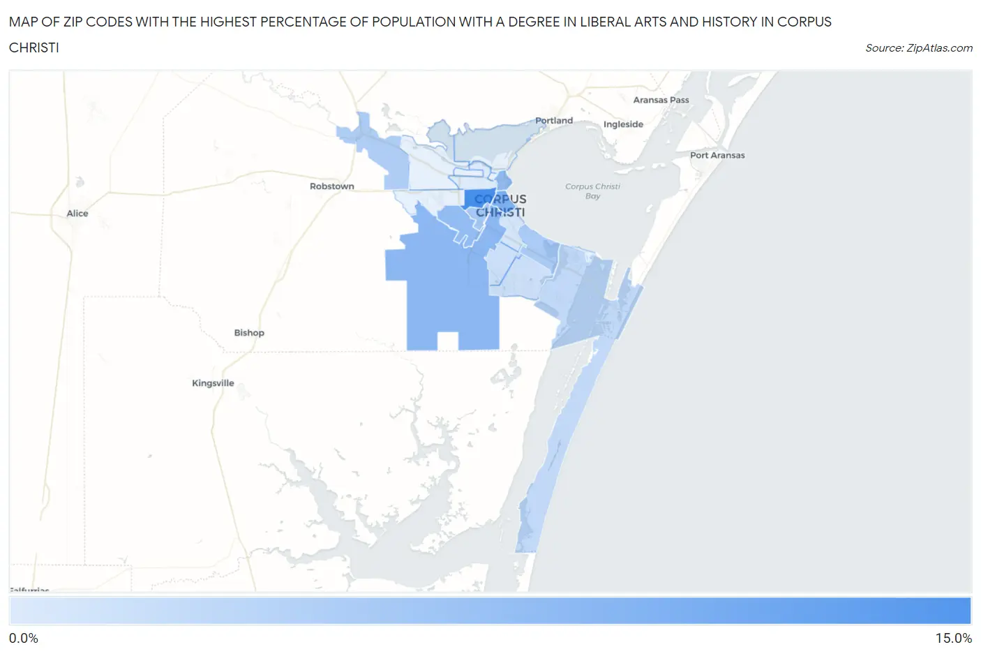 Zip Codes with the Highest Percentage of Population with a Degree in Liberal Arts and History in Corpus Christi Map
