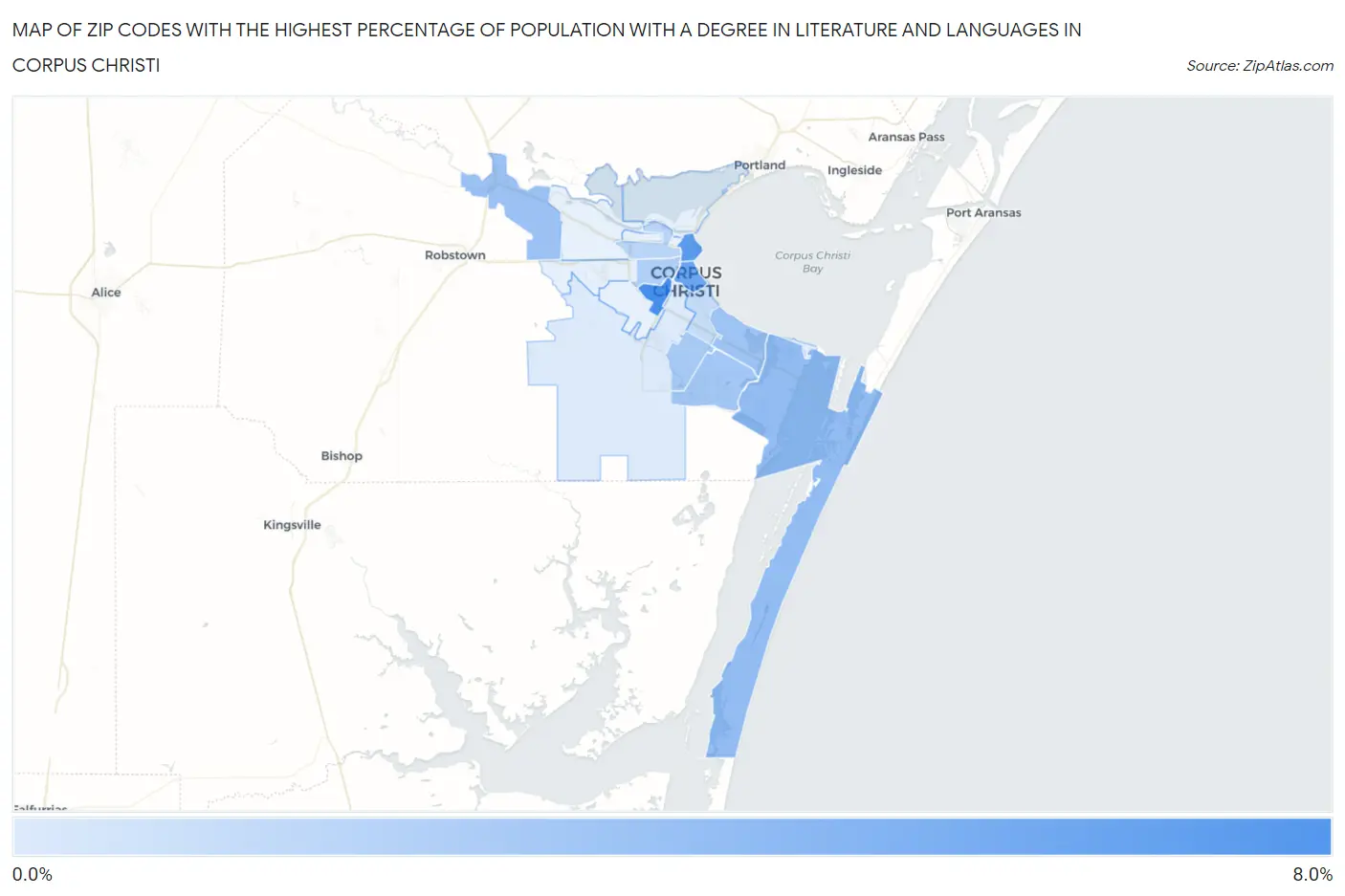 Zip Codes with the Highest Percentage of Population with a Degree in Literature and Languages in Corpus Christi Map