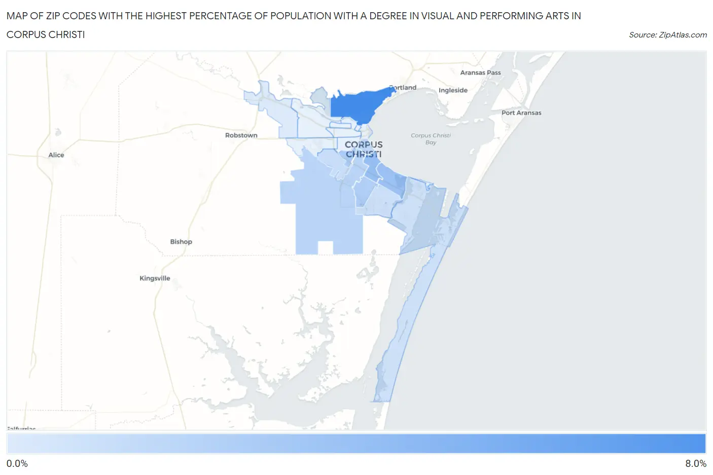 Zip Codes with the Highest Percentage of Population with a Degree in Visual and Performing Arts in Corpus Christi Map