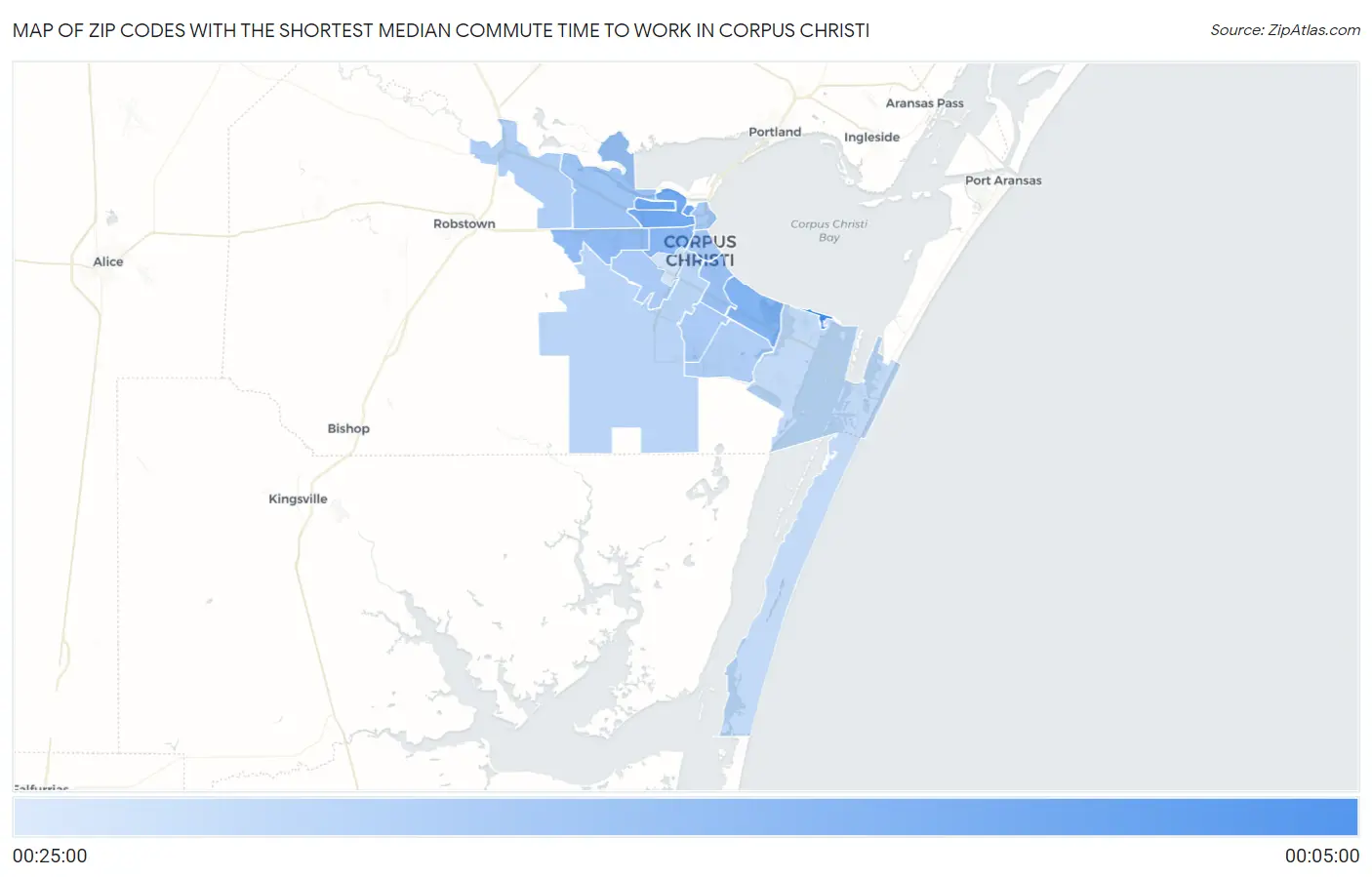 Zip Codes with the Shortest Median Commute Time to Work in Corpus Christi Map