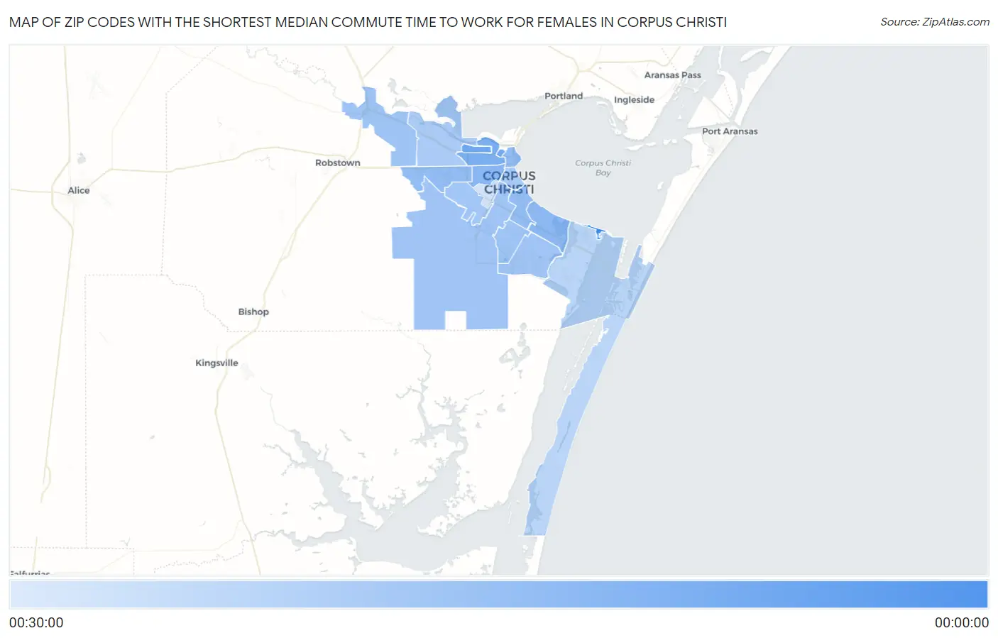 Zip Codes with the Shortest Median Commute Time to Work for Females in Corpus Christi Map