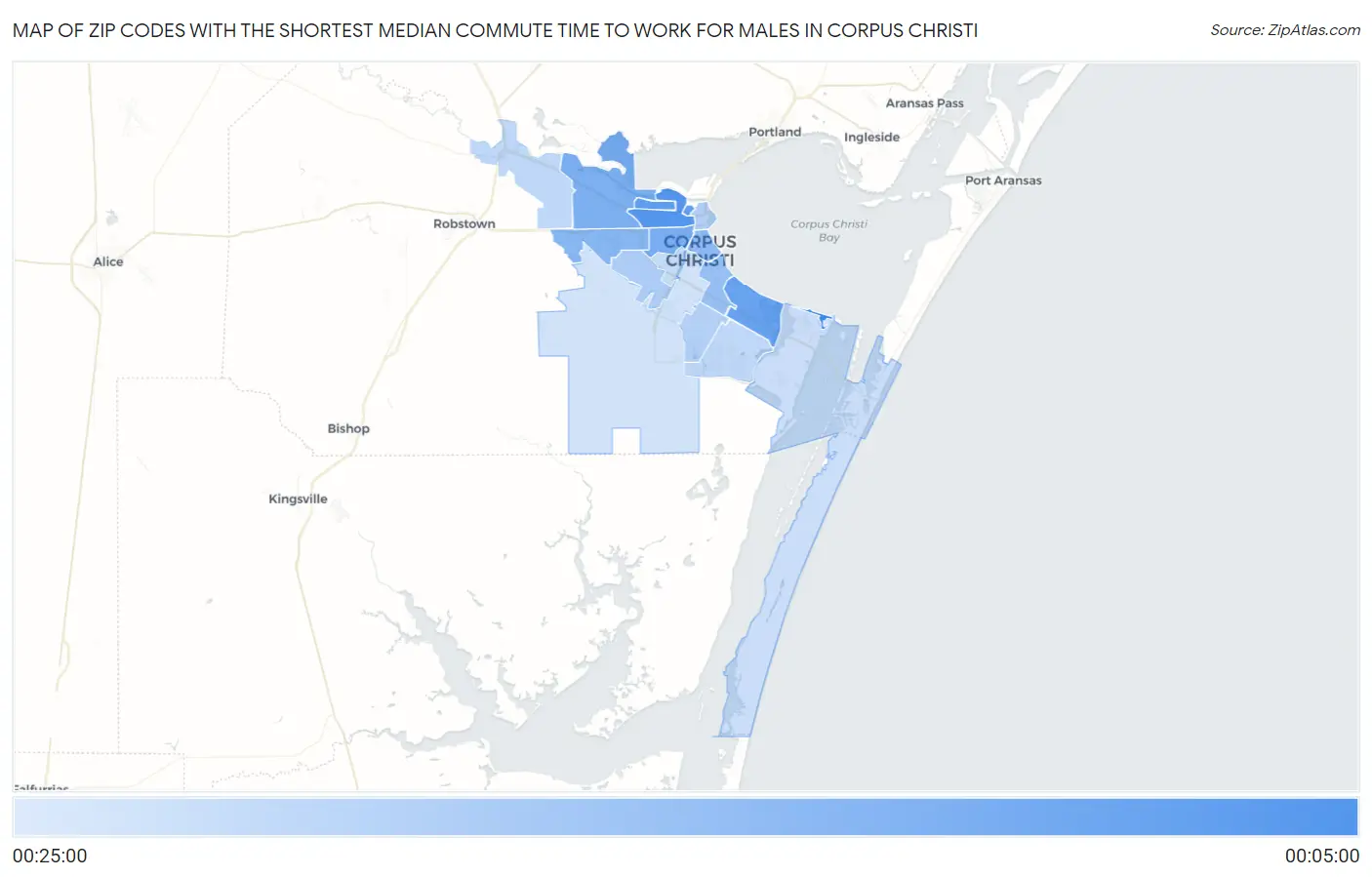 Zip Codes with the Shortest Median Commute Time to Work for Males in Corpus Christi Map