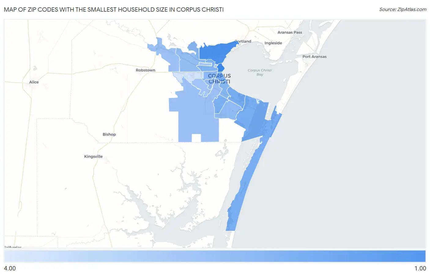 Zip Codes with the Smallest Household Size in Corpus Christi Map
