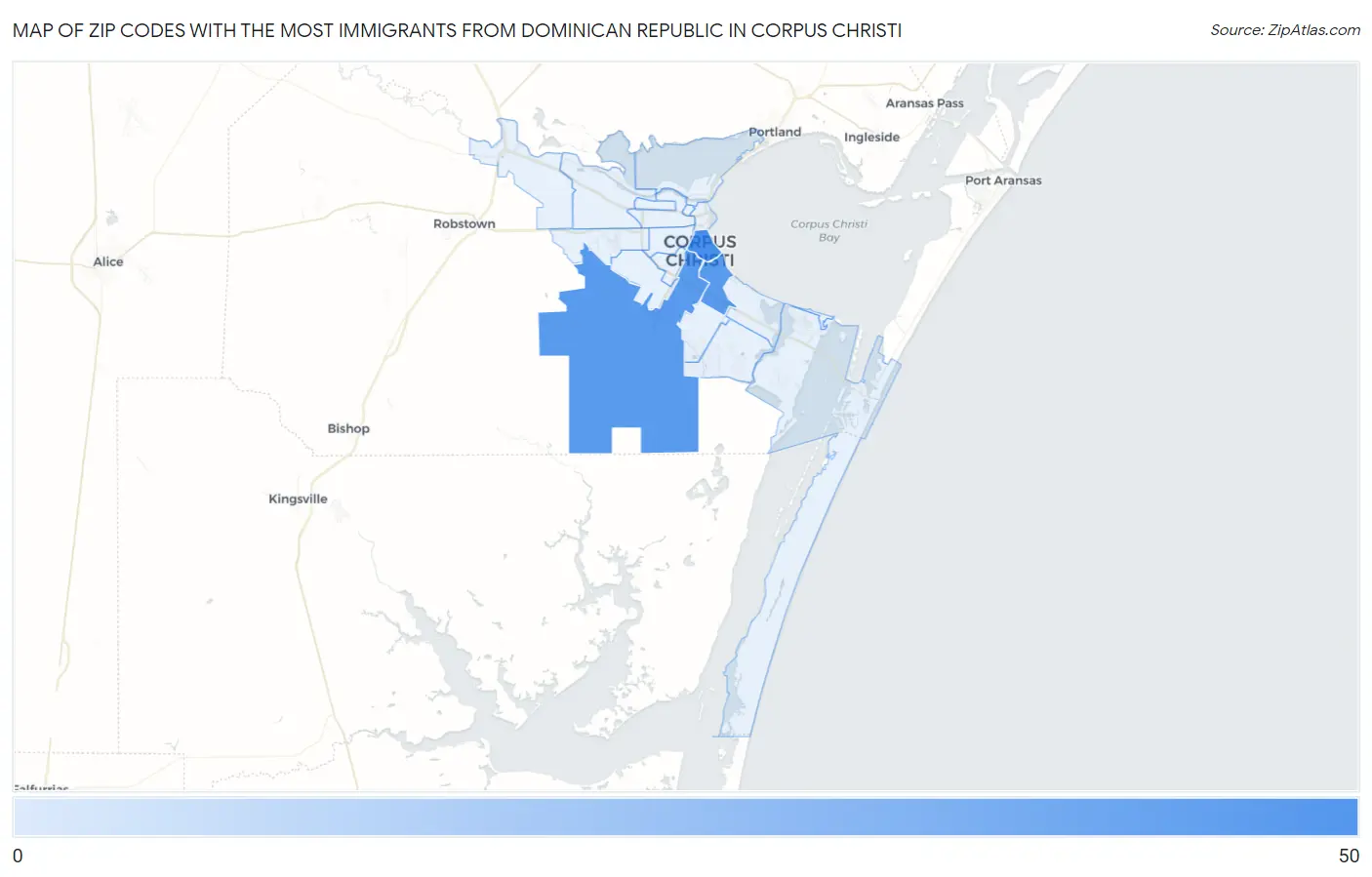 Zip Codes with the Most Immigrants from Dominican Republic in Corpus Christi Map