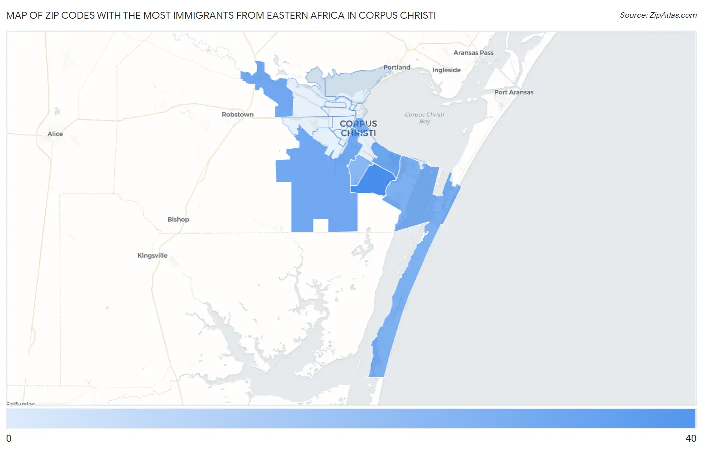 Zip Codes with the Most Immigrants from Eastern Africa in Corpus Christi Map