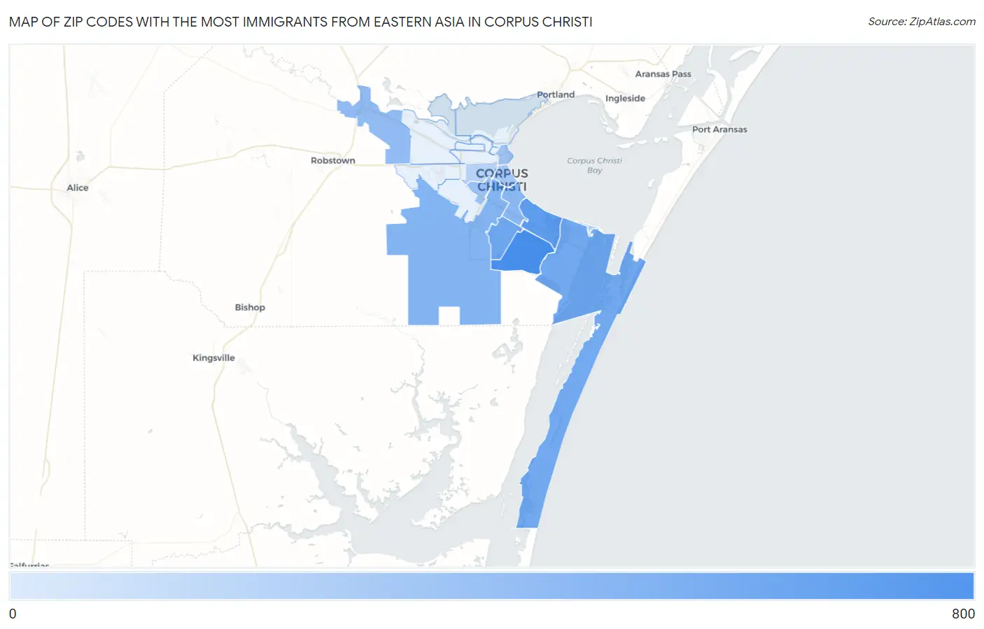Zip Codes with the Most Immigrants from Eastern Asia in Corpus Christi Map