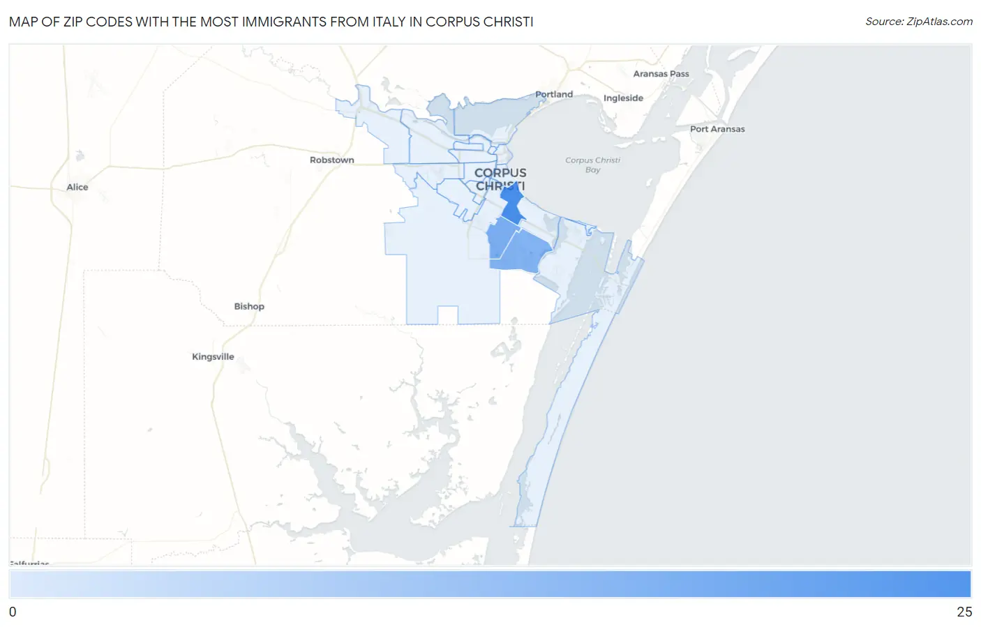 Zip Codes with the Most Immigrants from Italy in Corpus Christi Map
