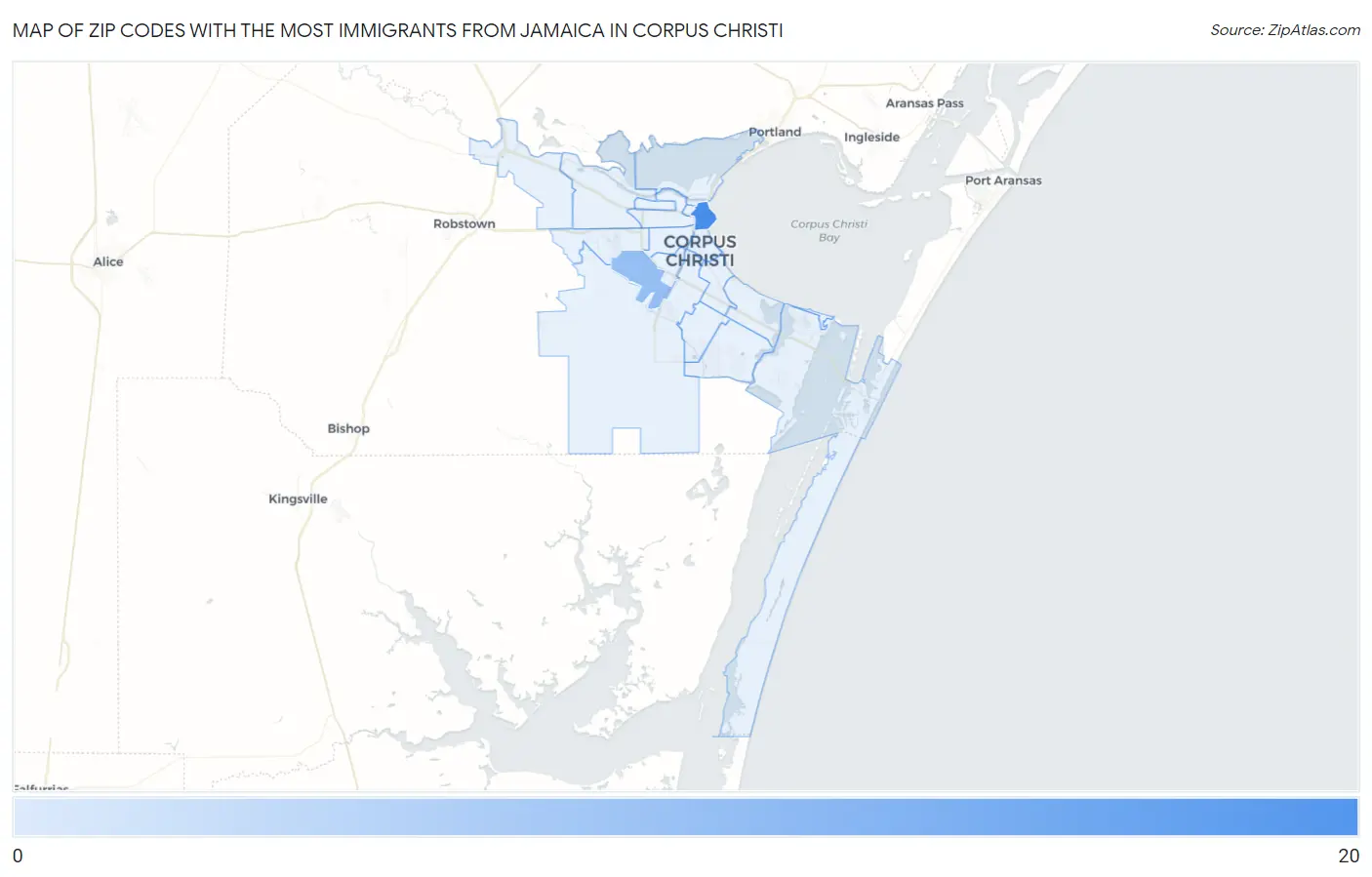 Zip Codes with the Most Immigrants from Jamaica in Corpus Christi Map