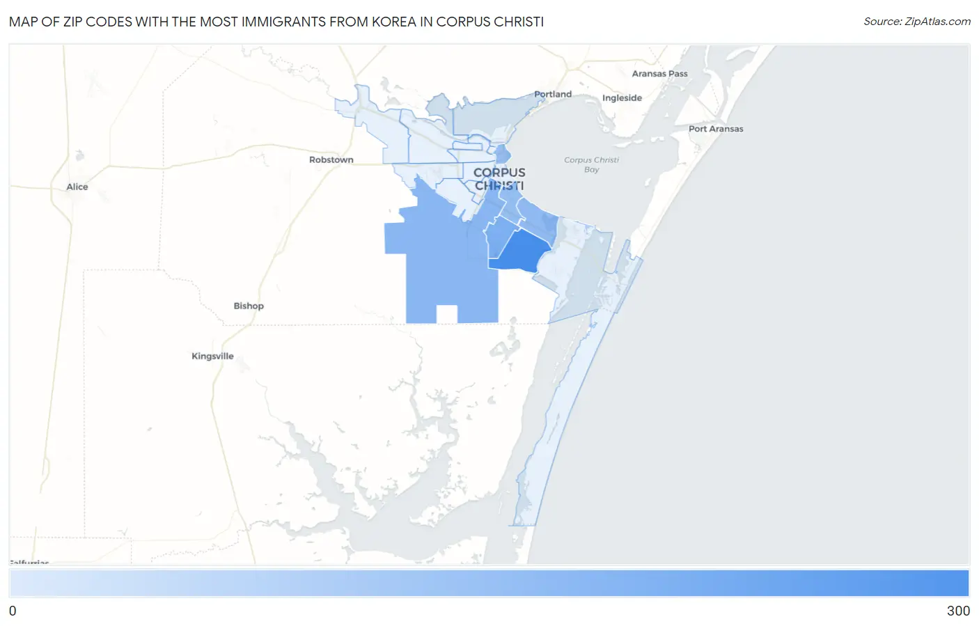 Zip Codes with the Most Immigrants from Korea in Corpus Christi Map