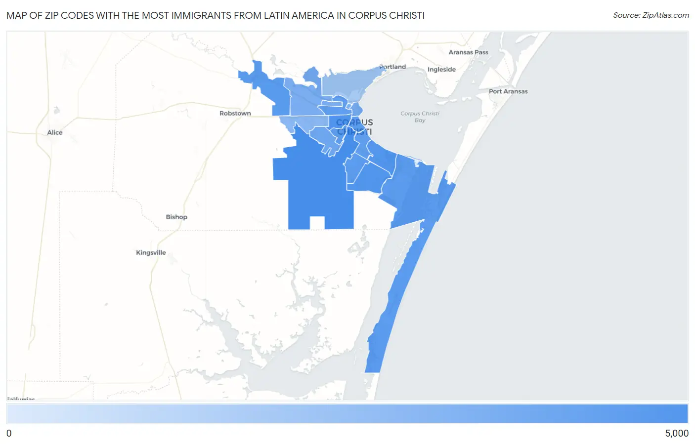 Zip Codes with the Most Immigrants from Latin America in Corpus Christi Map