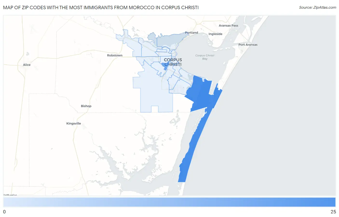Zip Codes with the Most Immigrants from Morocco in Corpus Christi Map