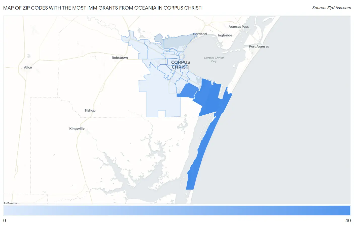 Zip Codes with the Most Immigrants from Oceania in Corpus Christi Map