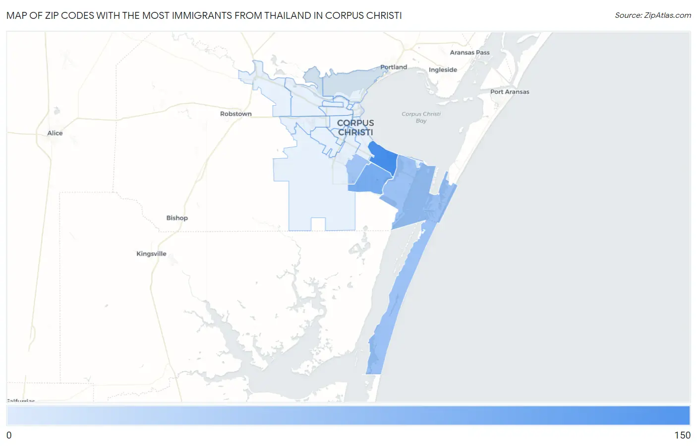 Zip Codes with the Most Immigrants from Thailand in Corpus Christi Map