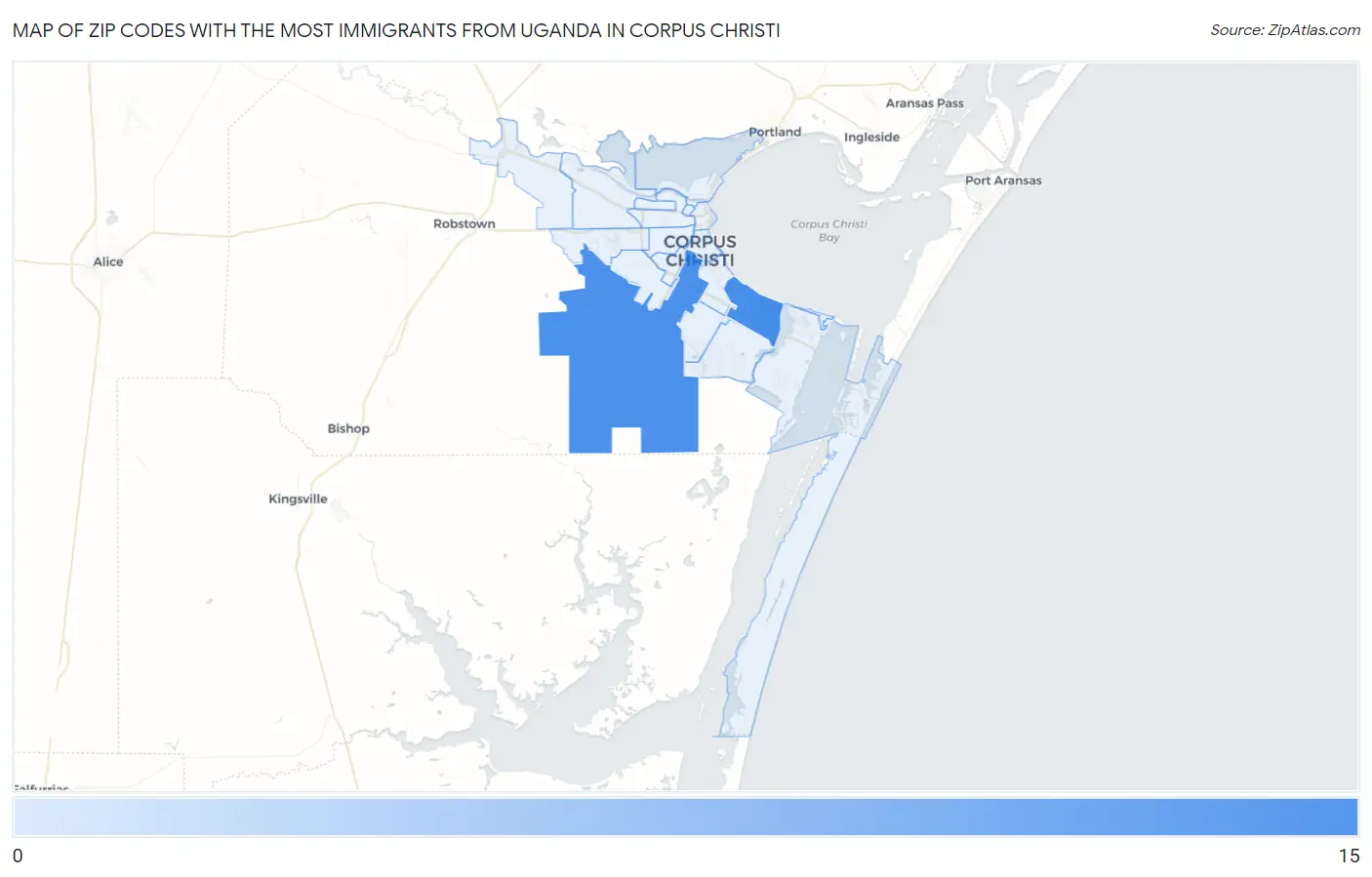 Zip Codes with the Most Immigrants from Uganda in Corpus Christi Map