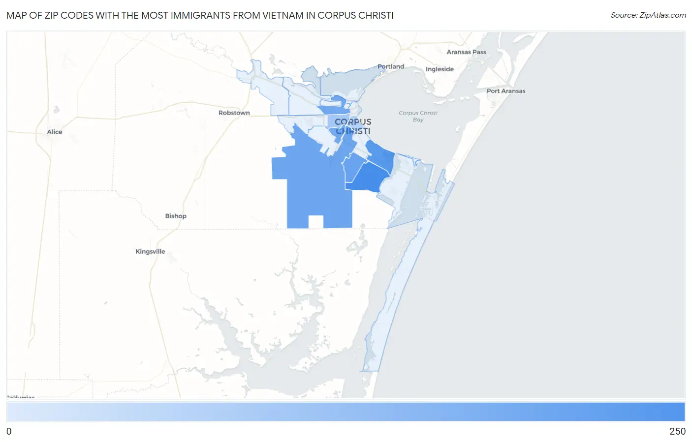 Zip Codes with the Most Immigrants from Vietnam in Corpus Christi Map
