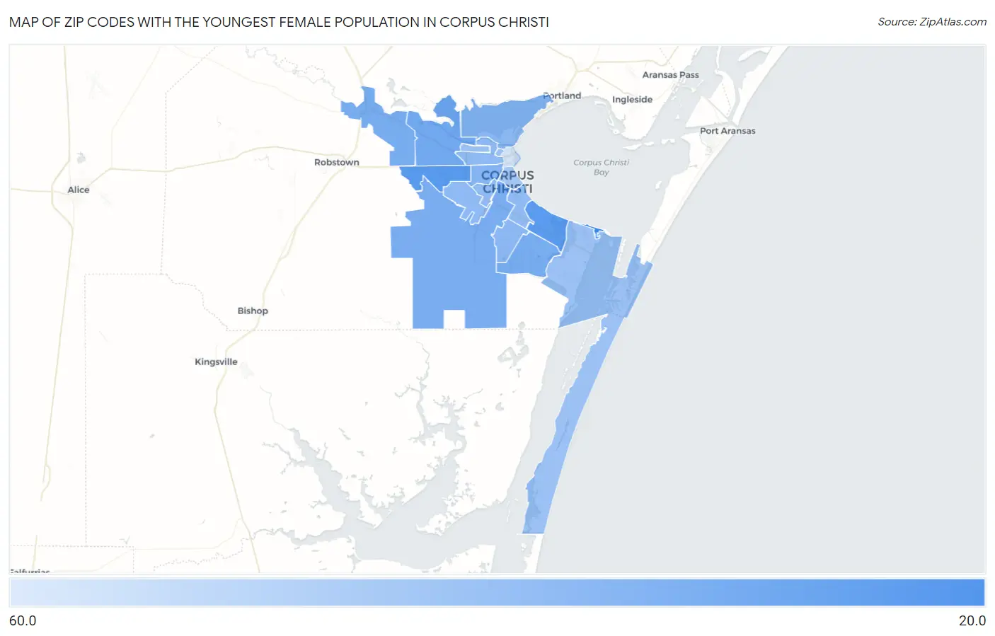 Zip Codes with the Youngest Female Population in Corpus Christi Map
